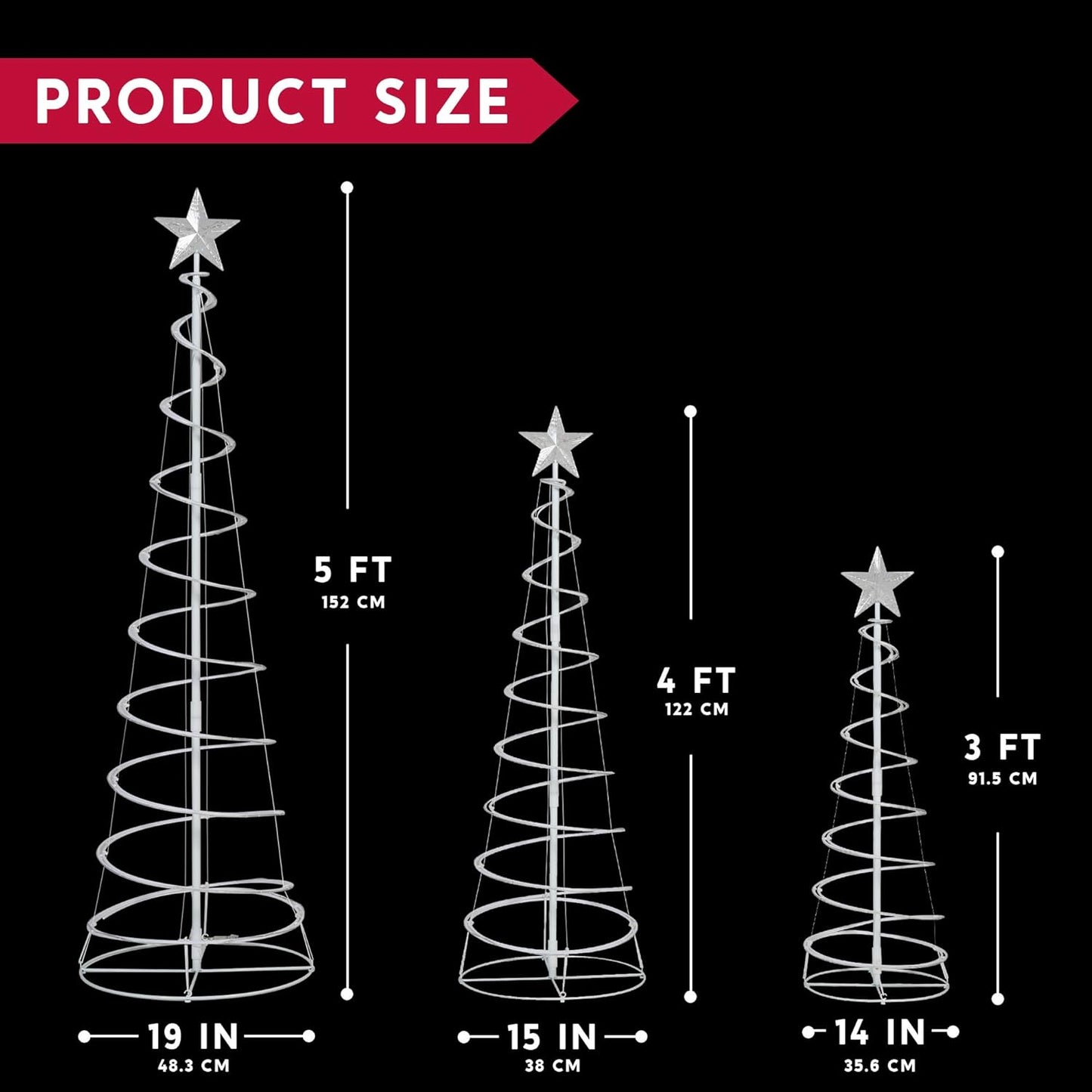 (3 Pack) Spiral Christmas Tree Lights, 218 LED Outdoor Lighted Tree with Star Topper & Stakes, Christmas Decorations - Warm White