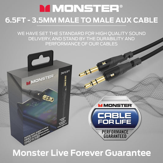 Monster Gen1 Essentials Mini-na-Mini-interkonnekteerklankkabel 3.5mm Manlik-na-Manlik, 6.5FT Aux-koord met Duraflex-omhulsel, Premium Vergulde Koppelaars, Kabel vir Motor, Huis, Stereo