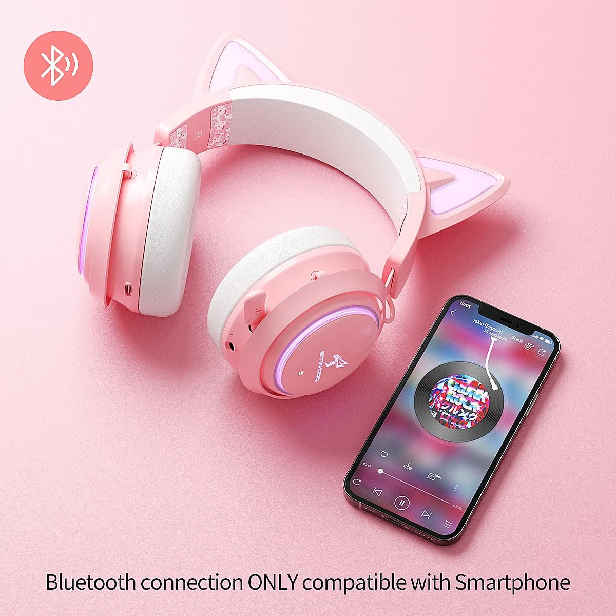 Wireless Cat Ear Headphones Gaming Headset Bluetooth 5.0 for Smartphone Retractable Mic 50mm Drivers RGB Lighting Headset with Mic (USB Dongle Not Included) - (PINK)