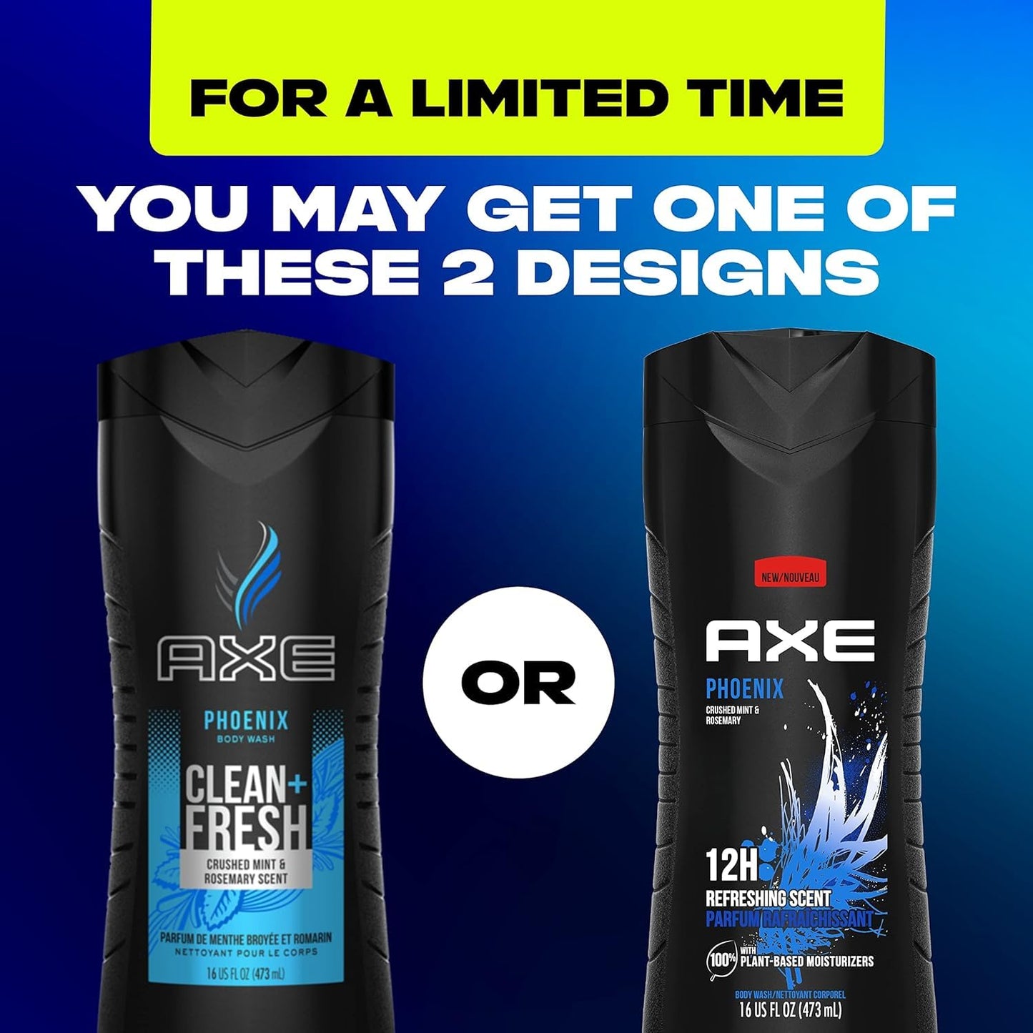 AXE Body Wash 12h Refreshing Scent Phoenix Crushed Mint and Rosemary Men's Body Wash w/ 100% Plant-Based Moisturizers (16 oz)