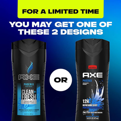 AXE Body Wash 12h Refreshing Scent Phoenix Crushed Mint and Rosemary Men's Body Wash w/ 100% Plant-Based Moisturizers (16 oz)