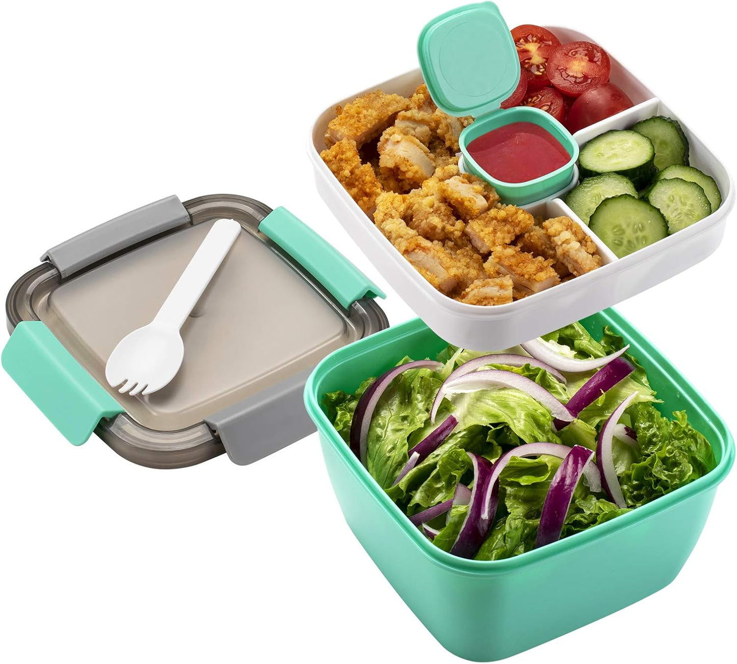 Freshmage 52-ons Middagetebouer Vir Onderweg - Slaaibak Met 3 Kompartemente en Slaaisoushouer Vir Toebehore, Peuselhappies - vir Mans, Vroue (Groen)