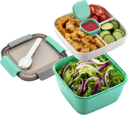 Freshmage 52-ons Middagetebouer Vir Onderweg - Slaaibak Met 3 Kompartemente en Slaaisoushouer Vir Toebehore, Peuselhappies - vir Mans, Vroue (Groen)