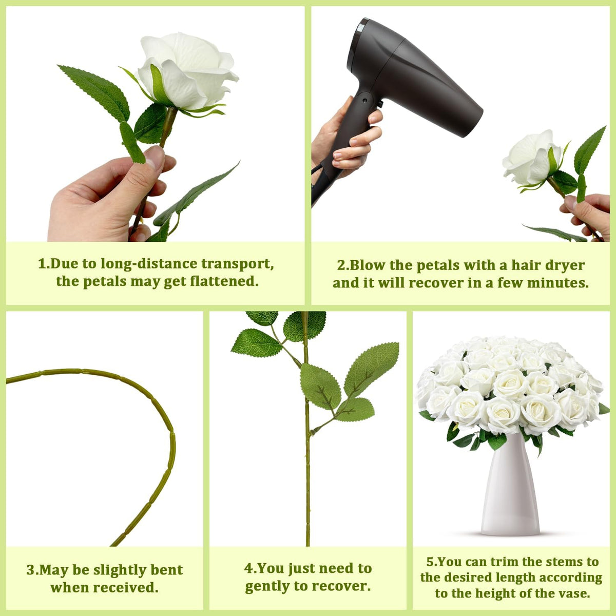 100 PCS Bulk Artificial Flowers,Fake Velvet Silk White Roses W/ Long Stems