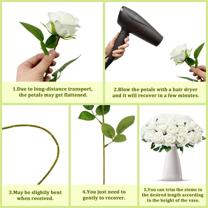 100 PCS Bulk Artificial Flowers,Fake Velvet Silk White Roses W/ Long Stems