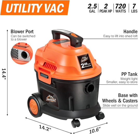 Armor All AA255W Nat/Droë Nutsvakuum 2.5 Gallon - 120 Volt (WS) Oranje/Swart