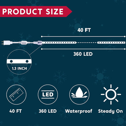 40FT LED-Kersstokkie Touligte, Waterdigte 360 LED Kersversiering Liggies (Rooi & Warmwit)