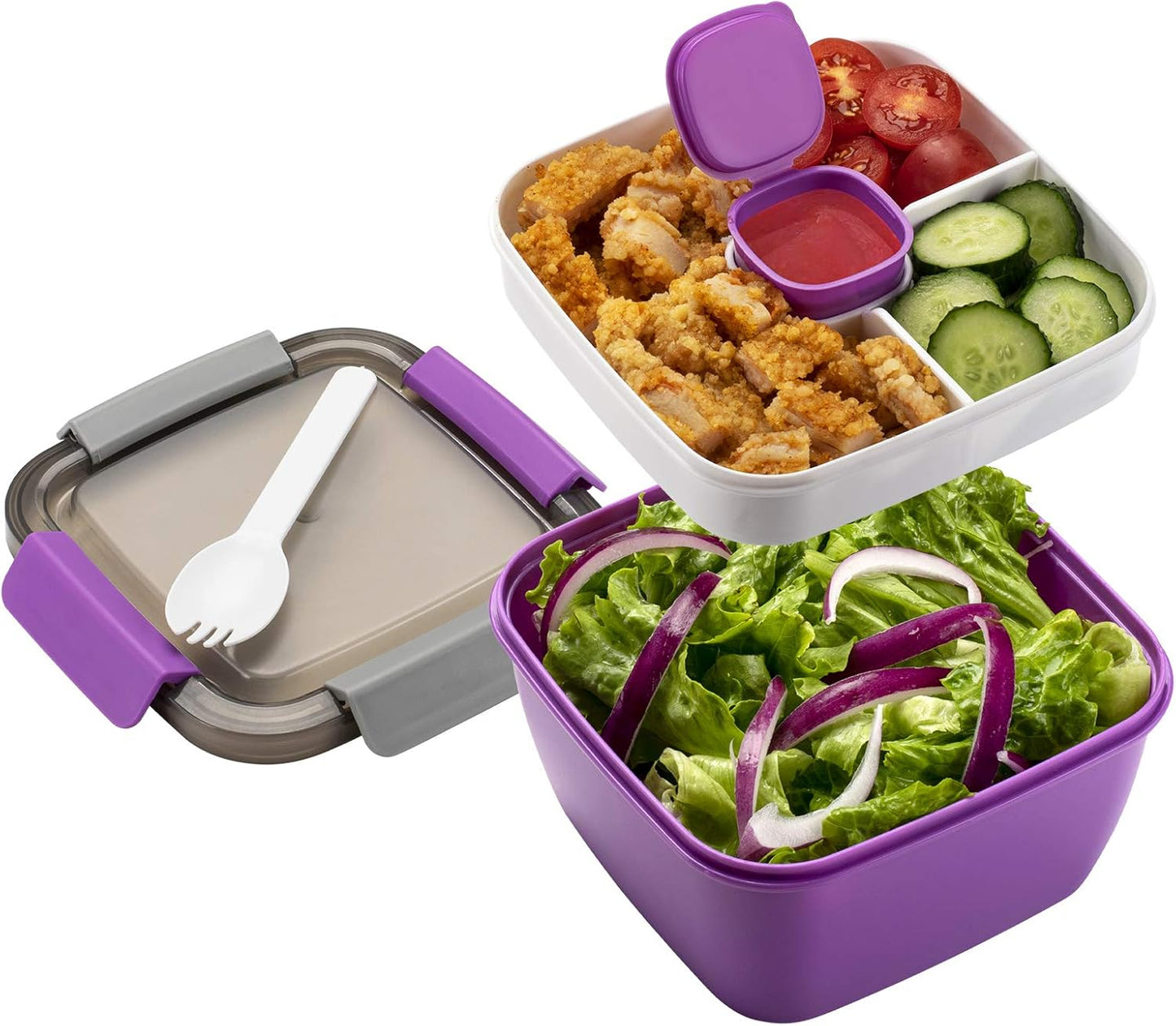 Freshmage 52-oz Middagetebak Vir Onderweg - Slaaibak Met 3 Kompartemente en Slaaisoushouer Vir Toebehore, Peuselhappies - Vir Mans, Vroue (Pers)