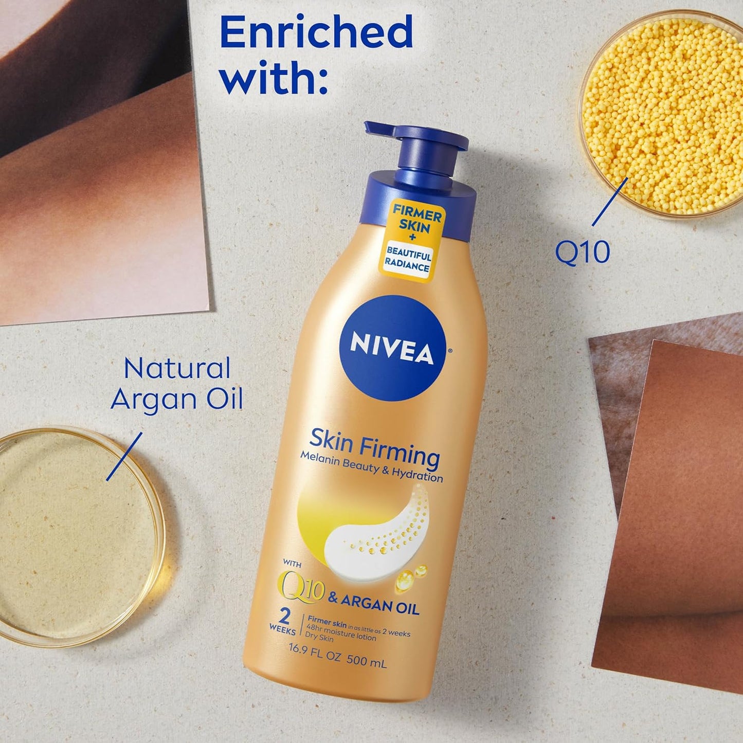NIVEA Skin Firming Melanin Beauty & Hydration Body Lotion with Q10 and Argan Oil, Firmer Skin 16.9 Fl Oz Pump Bottle - (2PK)