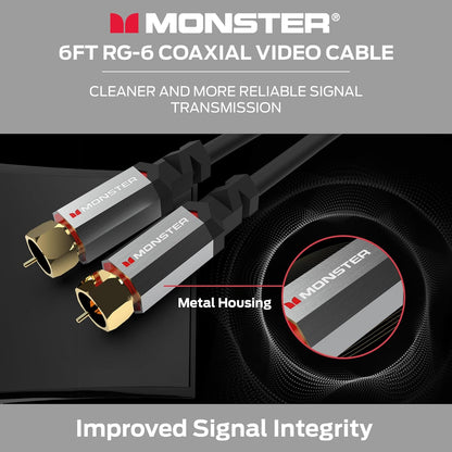 Monster Essentials RG-6 Koaksiaalkabel met Vergulde F-pen-koaksiaalkabelaansluiting - Hoëspoed-internetkabel met Duraflex-omhulsel en Metaalafskerming, 1.8 m