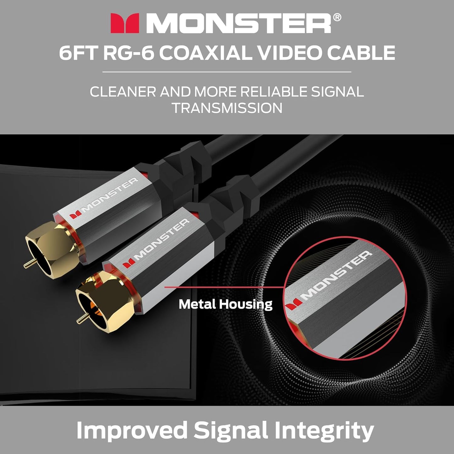 Monster Essentials RG-6 Koaksiale Kabel met Goudgeplateerde F-Pen Koaksiale Kabelaansluiting - Hoëspoed Internetkabel met Duraflex-omhulsel en Metaalafskerming, 12 voet