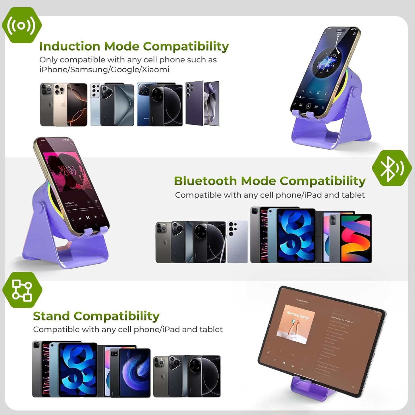 Wireless Induction Audio Bluetooth Speaker, 4 in 1 Phone Stand Speakers Amplifier with Colorful Ambient Light,360° Adjustable Holder- Purple