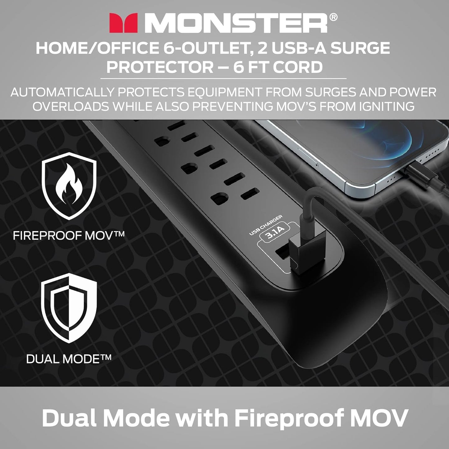 Monster 6ft Heavy Duty Black Power Strip and Tower Surge Protector, 1200 Joule Rating, 6 120V-Outlets, and 2 USB-A Ports- Ideal for Computers, Home Theatre, Home Appliances, and Office Equipment