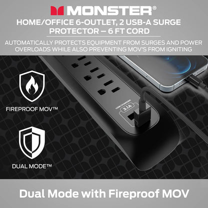 Monster 6ft Heavy Duty Black Power Strip and Tower Surge Protector, 1200 Joule Rating, 6 120V-Outlets, and 2 USB-A Ports- Ideal for Computers, Home Theatre, Home Appliances, and Office Equipment