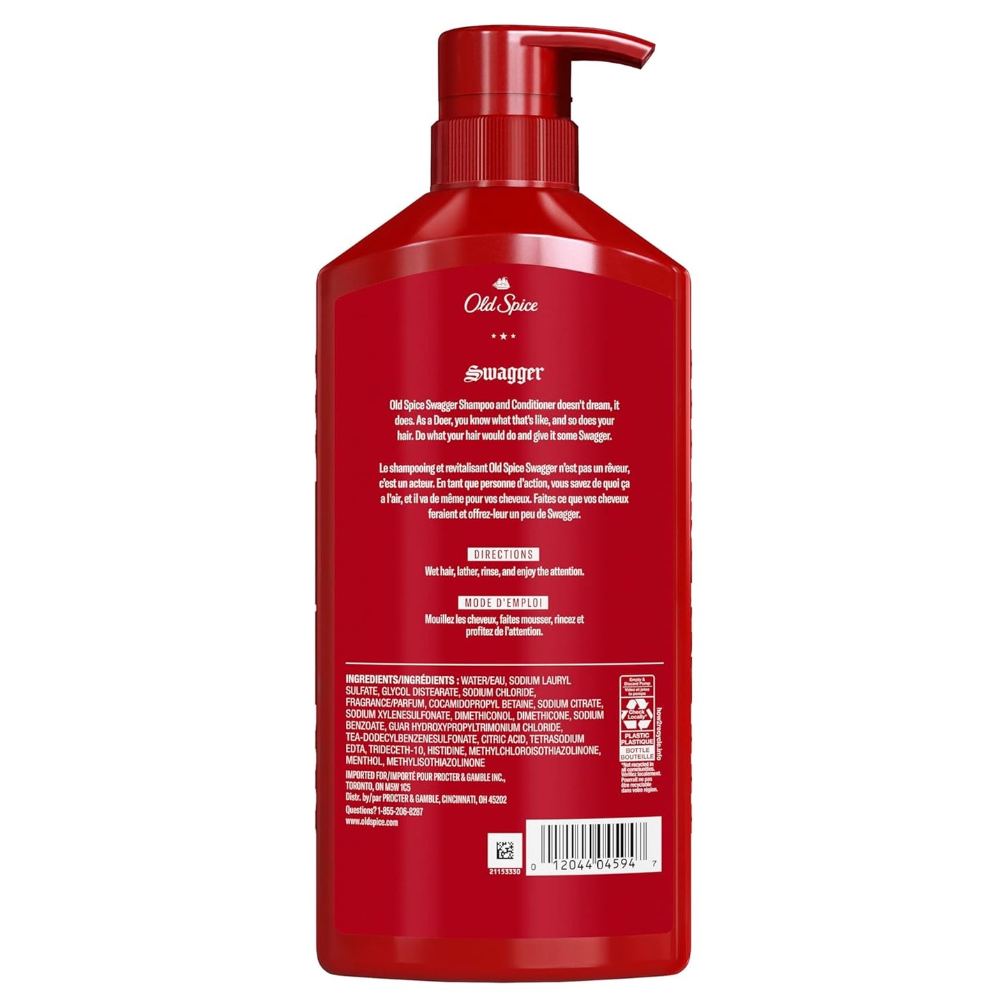 Old Spice Men's 2-in-1 Shampoo and Conditioner - Swagger, Cedarwood Lime Scent 21.9 Fl Oz/ea (2PK)