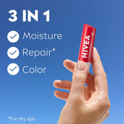 NIVEA Strawberry Lip Care, Tinted Lip Balm Pack with Shea Butter, Nourishing Oils and Vitamin C & E, 3-in-1 Moisture, Repair and Color, 0.17 Oz Stick, Pack of 4