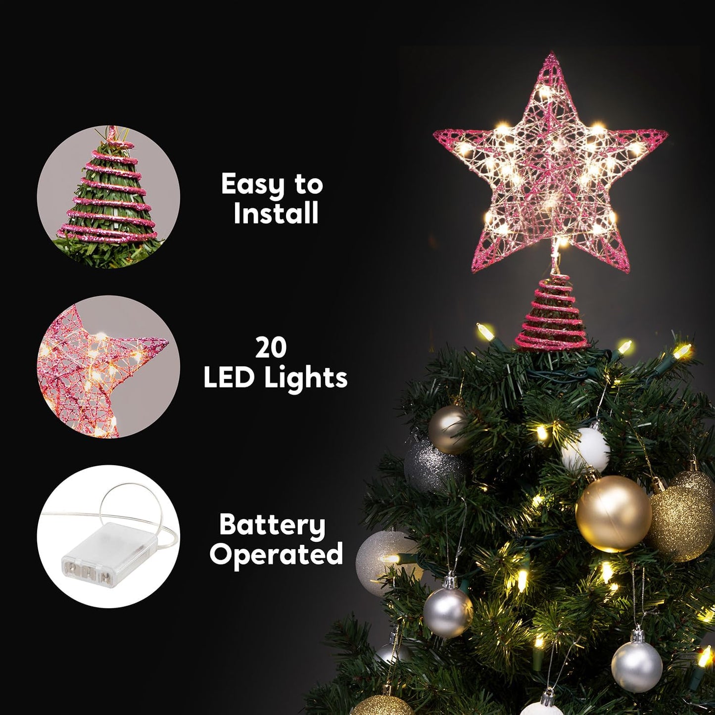 8" Kersfees Glitterskerboomtoppe, Pienk Sterretjie met 20 LED Warmwitliggies Versierings