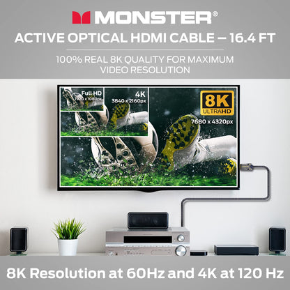Monster M-reeks Aktiewe Optiese Kabel Lightwave Gesertifiseerde Premium HDMI 2.1-48 Gbps Kabel met Aluminium Ekstrusie Konnektor, V-Grip, Duraflex Beskermende Baadjie - Ondersteun 8K @ 60HZ, 4K @ 120HZ, 16.4 VT