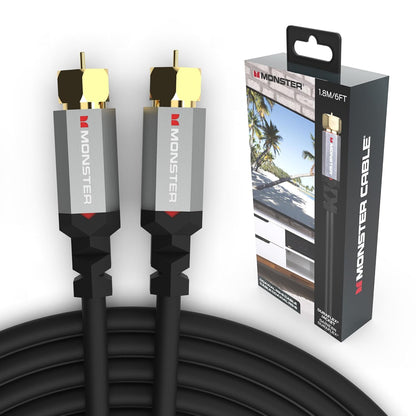 Monster Essentials RG-6 Koaksiaalkabel met Vergulde F-pen-koaksiaalkabelaansluiting - Hoëspoed-internetkabel met Duraflex-omhulsel en Metaalafskerming, 1.8 m
