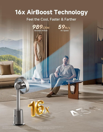 Bladeless Tower Fan MF10 for Bedroom with 270° Spatial Airflow Smart Standing Fan for Whole-Room Circulation, 59ft/s High Velocity, 10 Speeds 3 Modes, Temperature-Adaptive Airflow, Silver