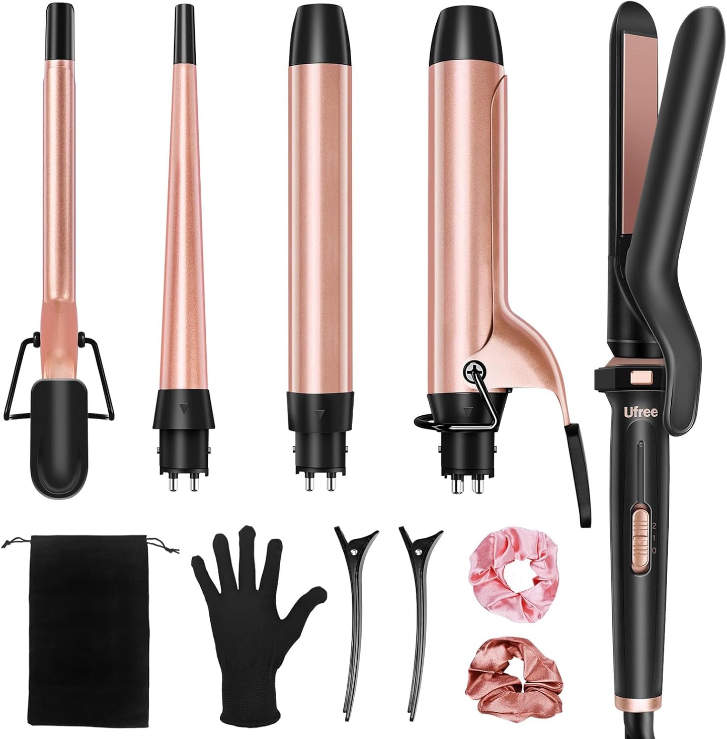 5 in 1 Curling Iron with Interchangeable Ceramic Barrels Wand Set with Flat Iron Hair Straightener, Instant Heat Up, Dual Voltage Hair Curler, Gifts for Women