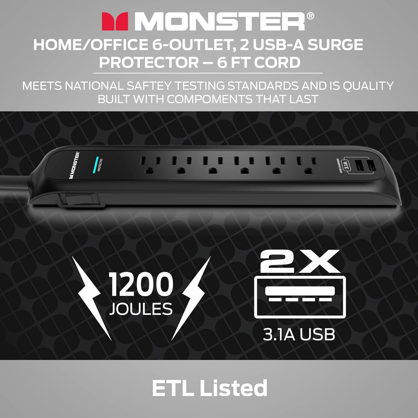Monster 6ft Heavy Duty Black Power Strip and Tower Surge Protector, 1200 Joule Rating, 6 120V-Outlets, and 2 USB-A Ports- Ideal for Computers, Home Theatre, Home Appliances, and Office Equipment