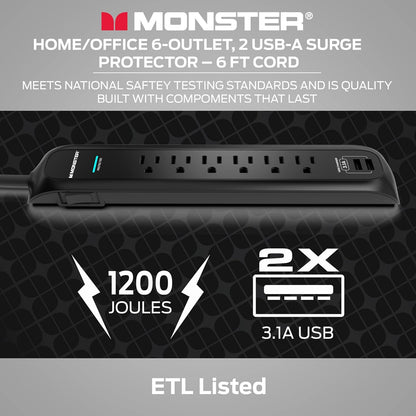 Monster 6ft Heavy Duty Black Power Strip and Tower Surge Protector, 1200 Joule Rating, 6 120V-Outlets, and 2 USB-A Ports- Ideal for Computers, Home Theatre, Home Appliances, and Office Equipment