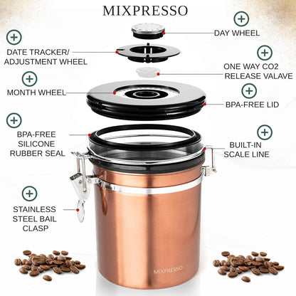 Mixpresso 16 Oz Koper Koffiehouer, Vlekvrye Staal Lugdigte Koffiehouer, Gemaalde en Boontjieberging met Datumspoorder, Vakuumverseëlde Espresso Lugdigte Houer, Suikerhouer