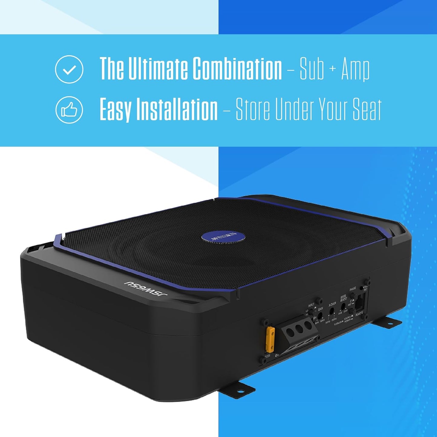 JSW65U Powerful 600W 6.5 Inches Compact UnderSeat Amplified Subwoofer Class D Design for Efficient Power Usage | Remote Bass Control