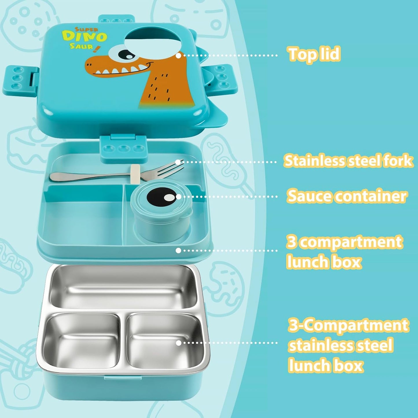 Freshmage Dubbellaag-bento-houer van vlekvrye staal met 3 kompartemente, groot kapasiteit lekvaste en BPA-vrye bento-middagetebox, duursaam, drupbestand, skottelgoedwasser-veilig, blou