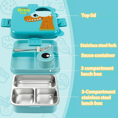 Freshmage Dubbellaag-bento-houer van vlekvrye staal met 3 kompartemente, groot kapasiteit lekvaste en BPA-vrye bento-middagetebox, duursaam, drupbestand, skottelgoedwasser-veilig, blou