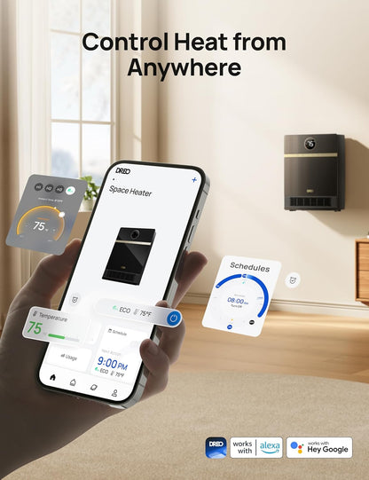 Slim Muurverwarmer, IP24 Elektriese PTC vir Binnegebruik, 30° Ossillasie, Verstelbare Termostaat, Afstandsbediening, Werk met Alexa, 24H Tydhouer, Maklik om te Monteer - Swart