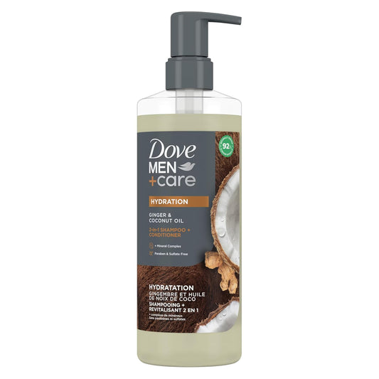 DOVE MEN CARE 2-in-1 Shampoo + Conditioner - Ginger & Coconut Oil for Hydrated Hair, +Mineral Complex, 17.5 oz (2PK)