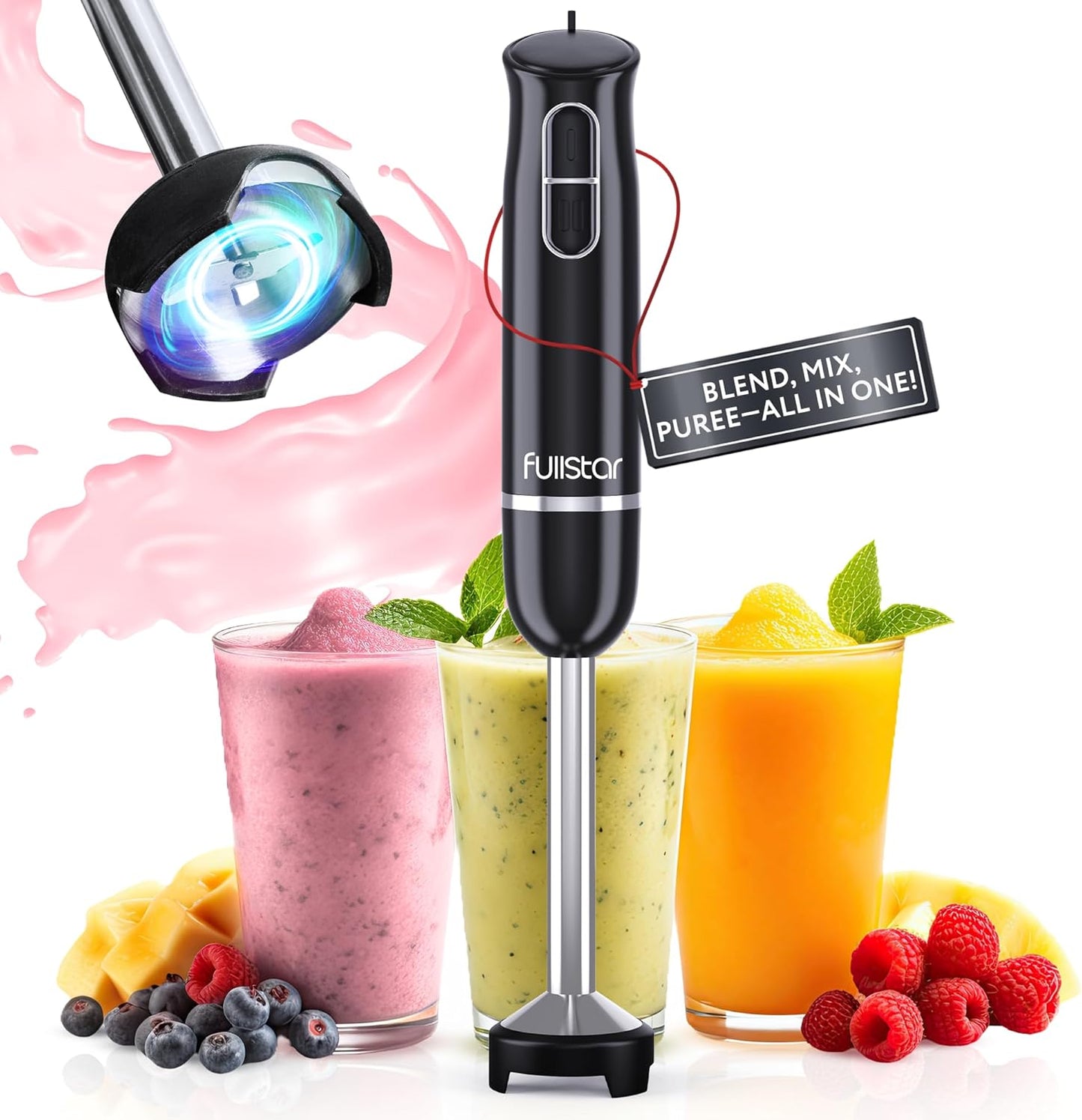 Fullstar Dompelmengerstel, 300W Handgedraagde Elektriese Handmenger, Smoothiemenger (300W, Swart)