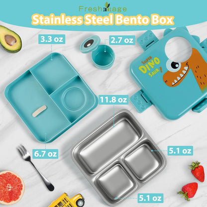 Freshmage Dubbellaag-bento-houer van vlekvrye staal met 3 kompartemente, groot kapasiteit lekvaste en BPA-vrye bento-middagetebox, duursaam, drupbestand, skottelgoedwasser-veilig, blou