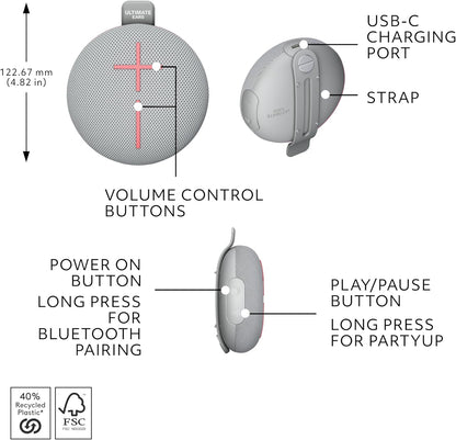Ultimate Ears MINIROLL Ultra-Portable Waterproof Bluetooth Speaker, Big Bass, IP67 Dustproof, 131 ft (40 m) Range - Revive Grey