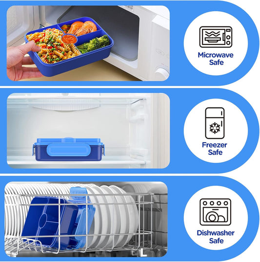 Bento Kosblik vir Kinders - Lekvry met 4 Kompartemente Eetgerei - Herbruikbare Maaltyd vir Onderweg - Blou