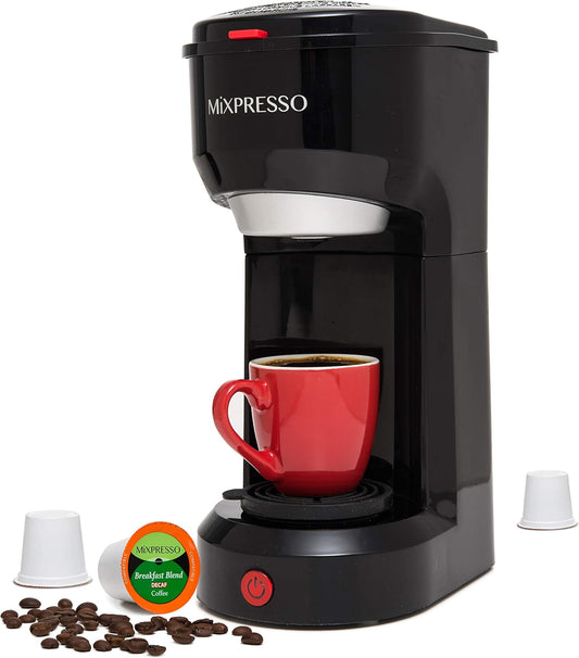 Mixpresso 2-in-1 Koffiemaker – Enkelbedien- en Filterkoffiebrouer, Kompakte Persoonlike Koffiemasjien vir Peule en Los Koffie, Vinnige Brou 414 ml Draagbare Klein Koffiemaker, Swart