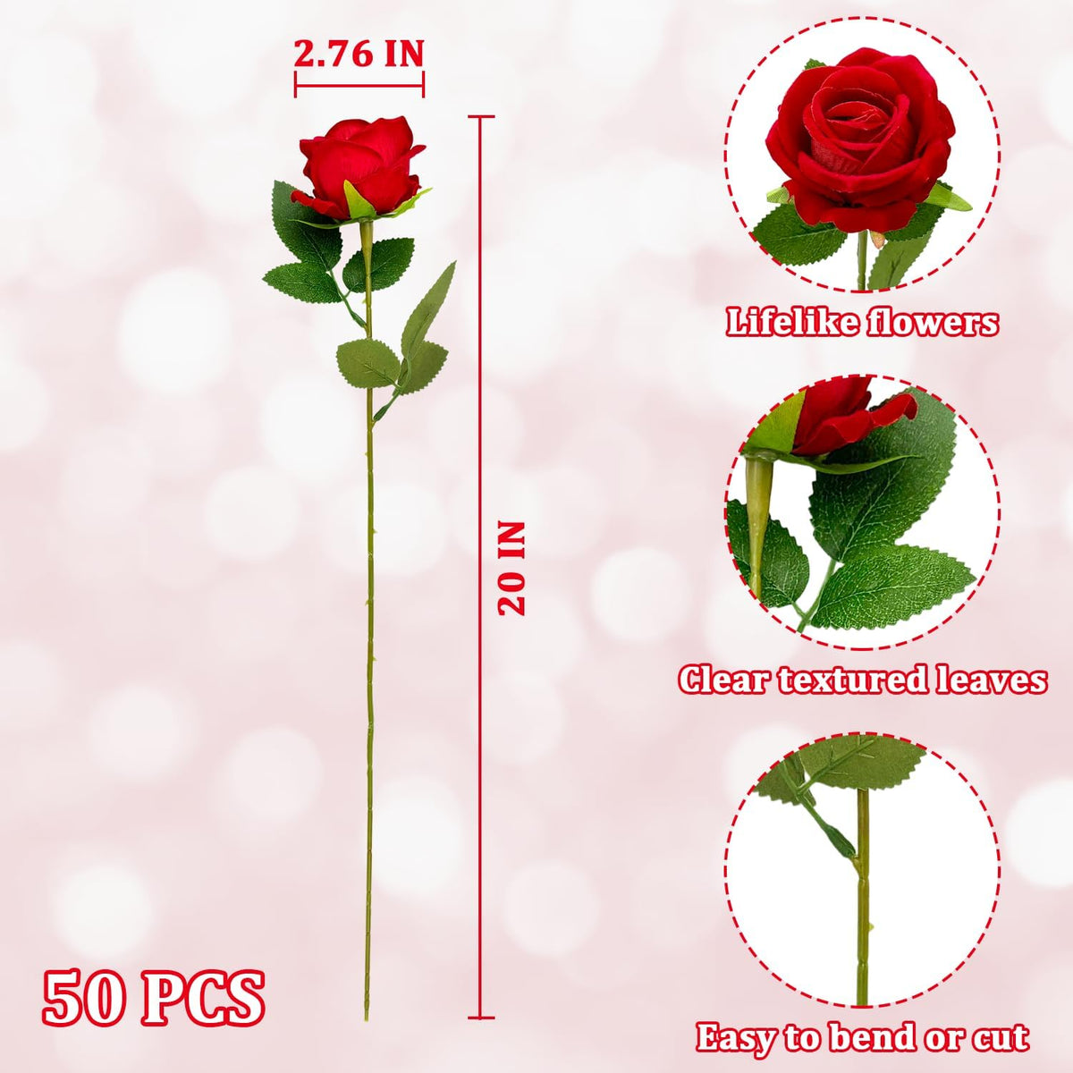 50 PCS Bulk Artificial Flowers, Fake Velvet Silk Red Roses with Long Stems