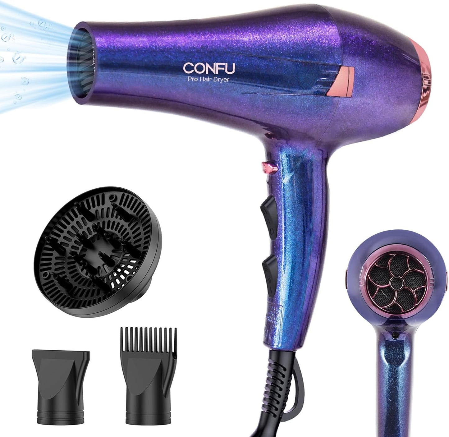 CONFU Haardroër, Professionele Ioniese Salon Haardroër met Diffuser vir Vroue en Mans, 5X Vinnige Droog, Kragtige en Stil Haardroër vir Vinnige & Maklike Stilering (1875 Watt)