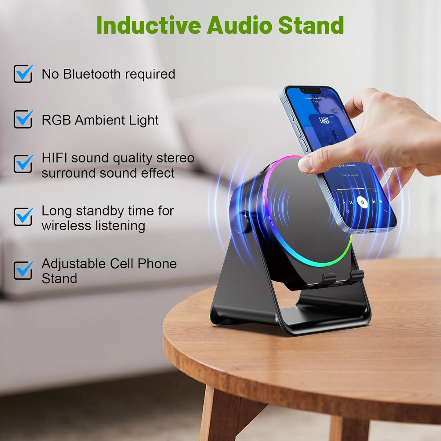 Wireless Induction Audio Bluetooth Speaker, 4 in 1 Phone Stand Speakers Amplifier with Colorful Ambient Light,360° Adjustable Holder - Black