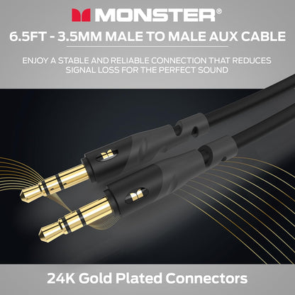 Monster Gen1 Essentials Mini-na-Mini-interkonnekteerklankkabel 3.5mm Manlik-na-Manlik, 6.5FT Aux-koord met Duraflex-omhulsel, Premium Vergulde Koppelaars, Kabel vir Motor, Huis, Stereo