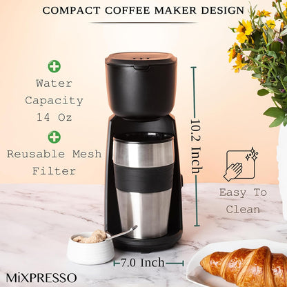 Mixpresso Persoonlike Enkelbediening-koffiemaker en 414ml-reismok, Drup Klein Koffiemaker en Tuimelaar, Outo-afskakeling en Herbruikbare Filter, Versoenbaar met Gemaalde Koffie