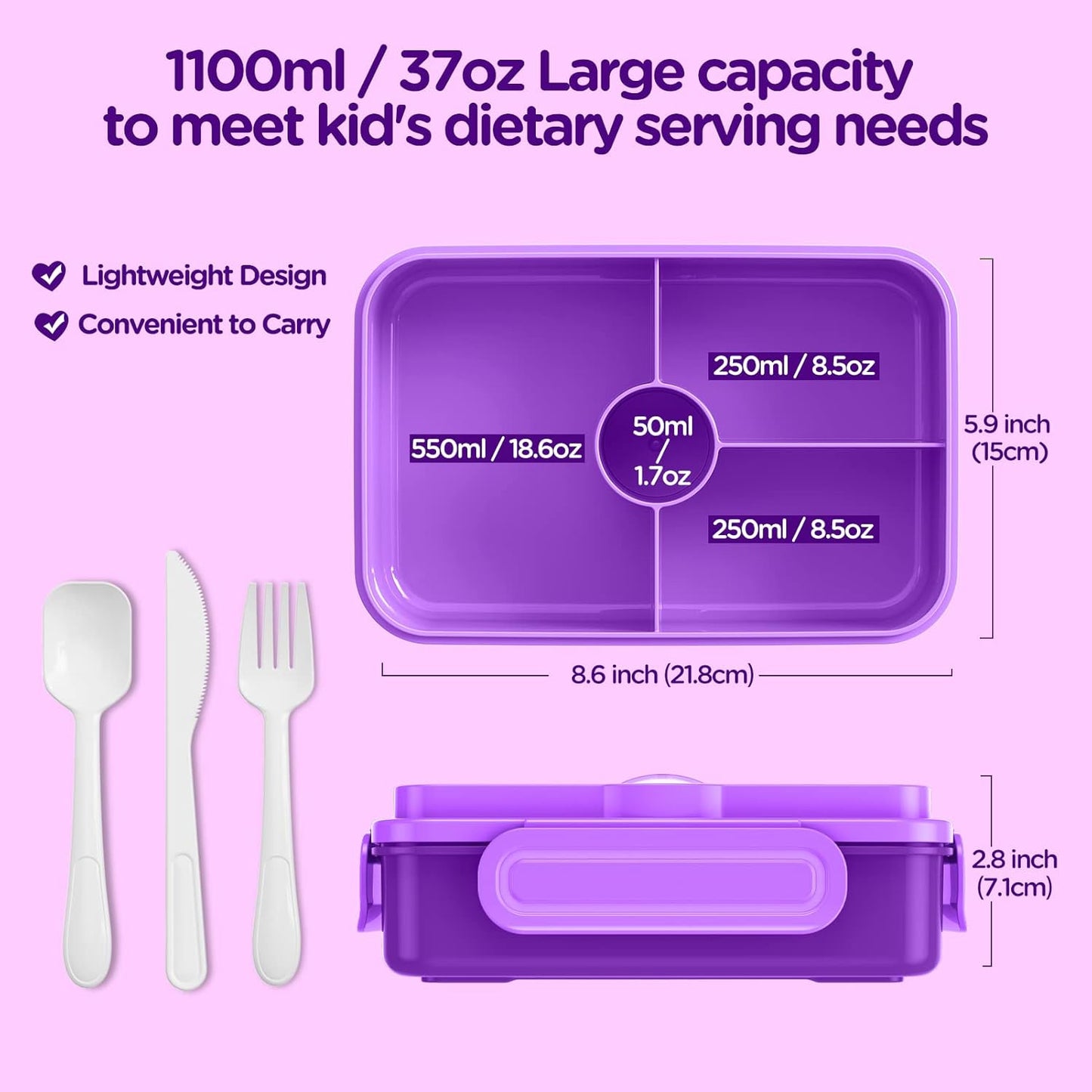 Lunch Box Kids Bento Box - Leakproof 4 Compartments Food Containers w Utensils - Purple