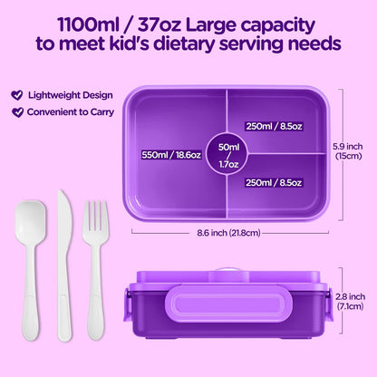 Lunch Box Kids Bento Box - Leakproof 4 Compartments Food Containers w Utensils - Purple