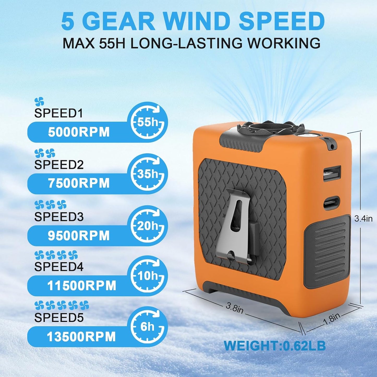 10000mAh Draagbare Middellyfwaaier met Flitslig - 5 Spoed - Oranje