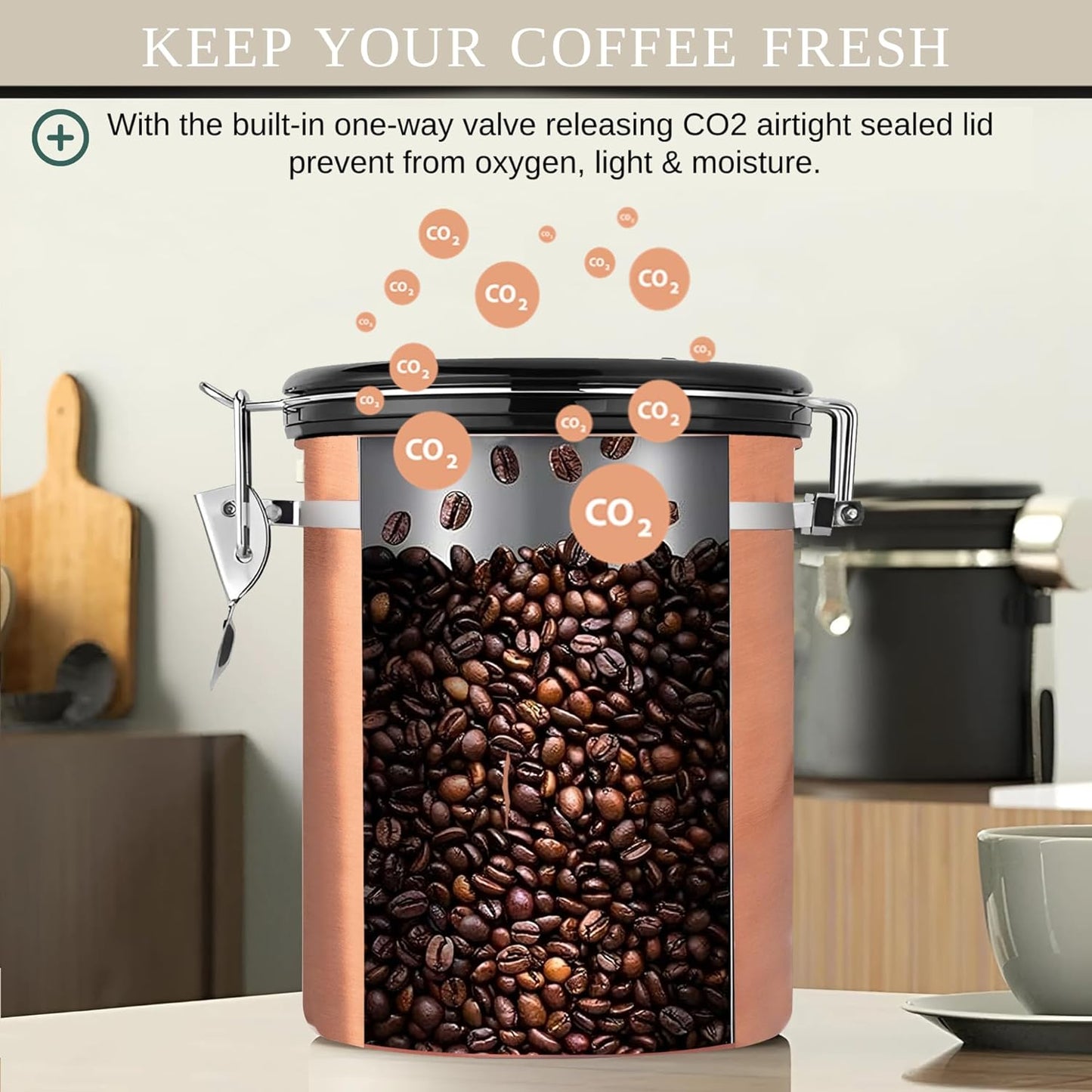 Mixpresso 16 Oz Koper Koffiehouer, Vlekvrye Staal Lugdigte Koffiehouer, Gemaalde en Boontjieberging met Datumspoorder, Vakuumverseëlde Espresso Lugdigte Houer, Suikerhouer