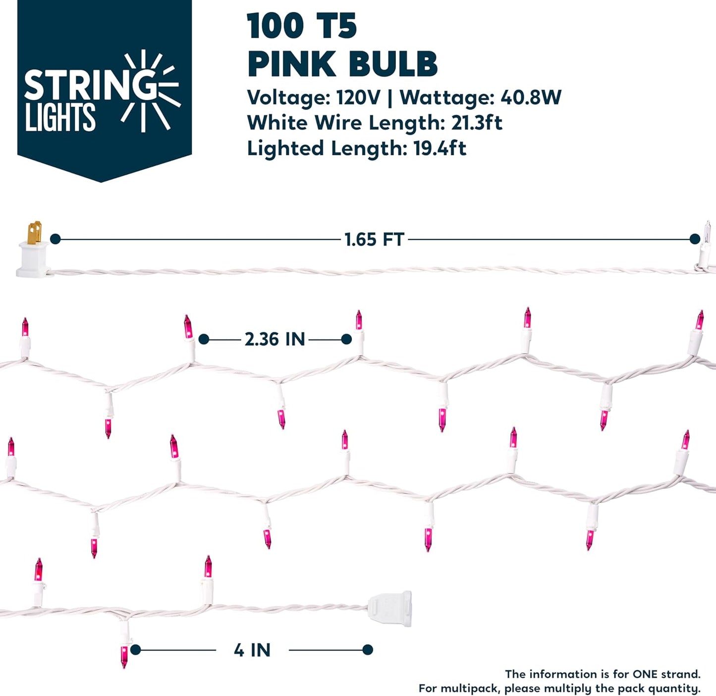 Kersfees String Lights Binne 100CT Mini Pienk 21.4 FT Beligtingsdekor - Wit Draad