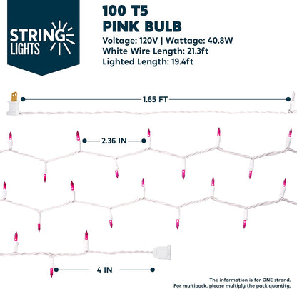 Kersfees String Lights Binne 100CT Mini Pienk 21.4 FT Beligtingsdekor - Wit Draad