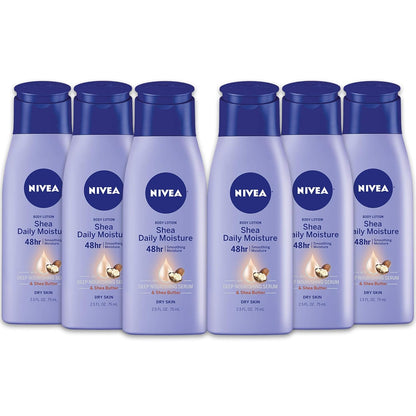NIVEA Shea Nourish Body Lotion for Dry Skin with Hyaluronic Acid, Shea Butter and Deep Nourishing Serum, 48-Hour Body Moisturizer, 2.5 Fl Oz Bottle, Pack of 6